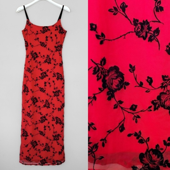 Vintage Y2K Small Whimsigoth Red Maxi Dress Black Velvet Roses Overlay Strappy